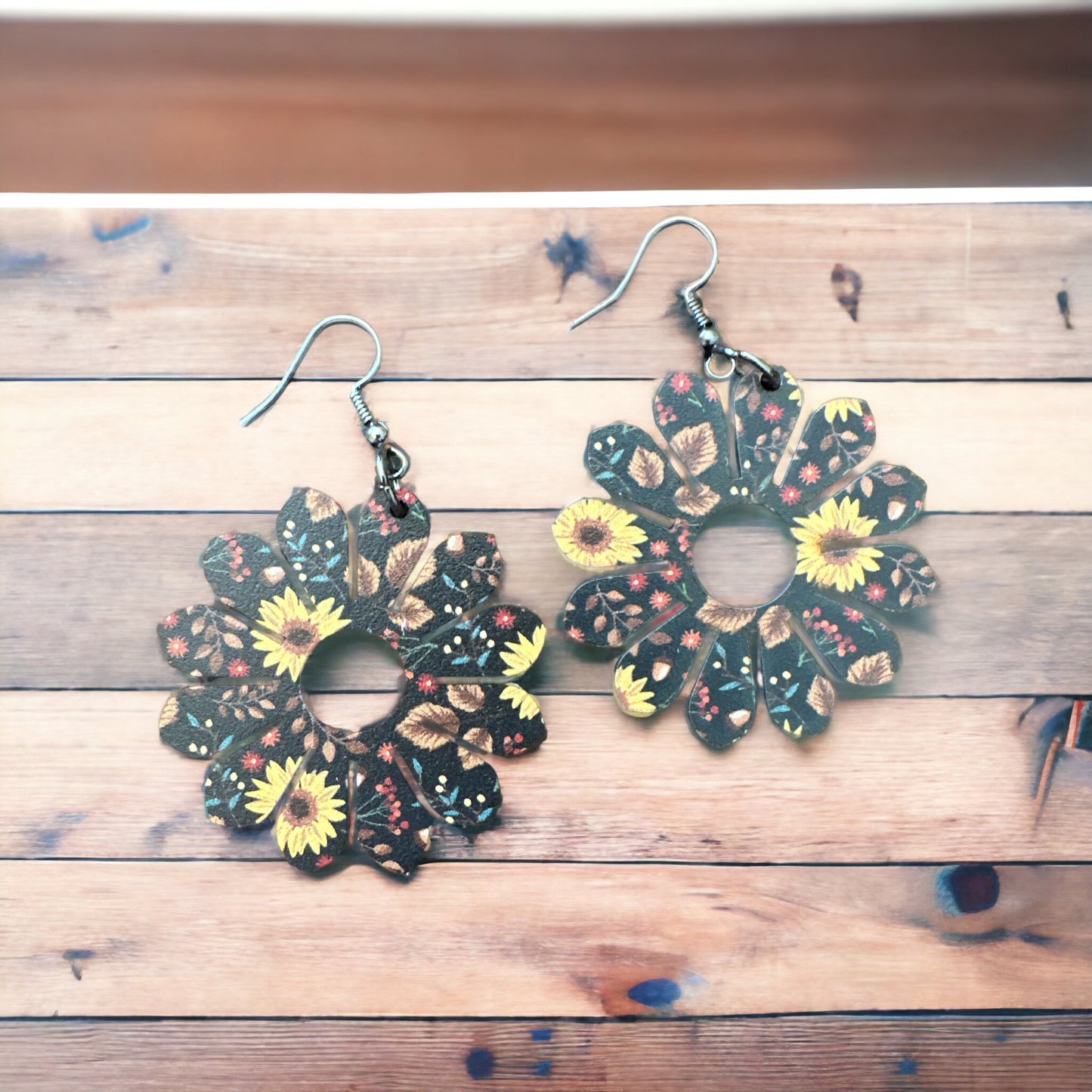 Wood Sunflower Earrings