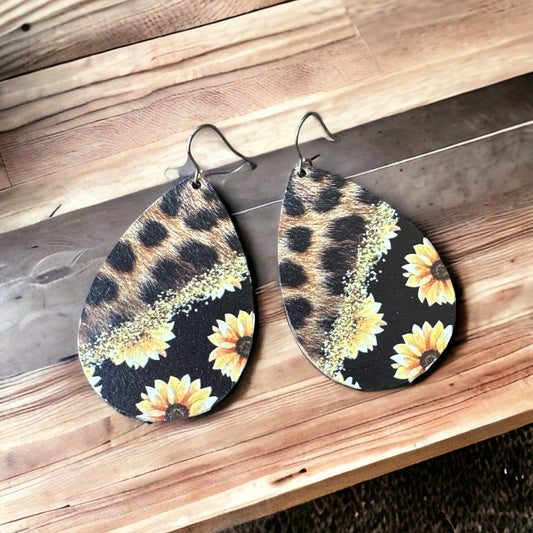 Wood Leopard Sunflower Earrings