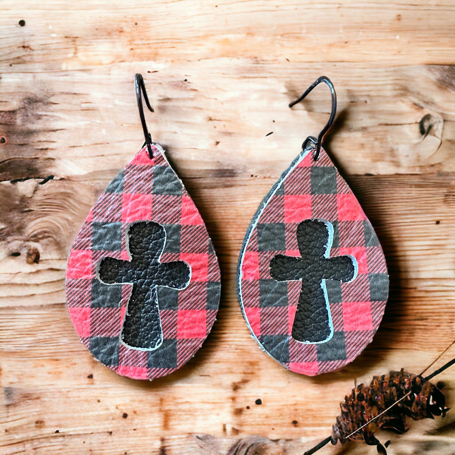 Buffalo Plaid Teardrop Cross Earrings